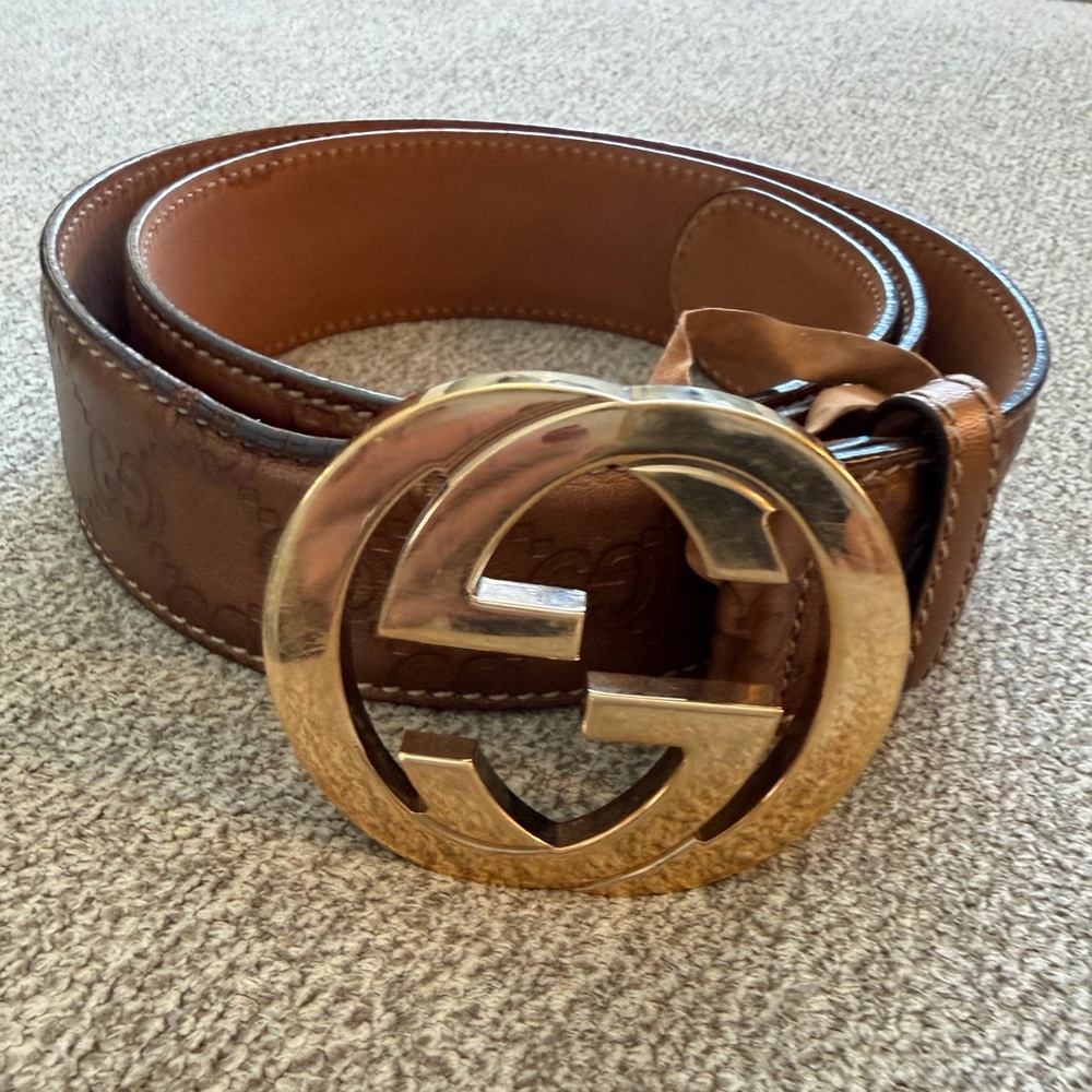 Gucci Tan Leather Belt with Gold Emblem